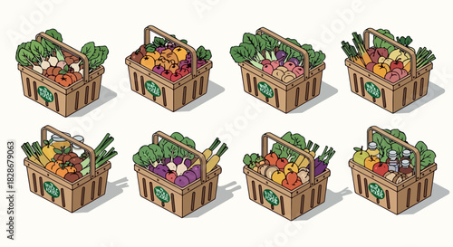 Baskets filled with fresh produce and vegetables