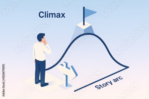 Man contemplating story arc structure visual depicted with climax point and directional arrows illustrating narrative progression toward achievement