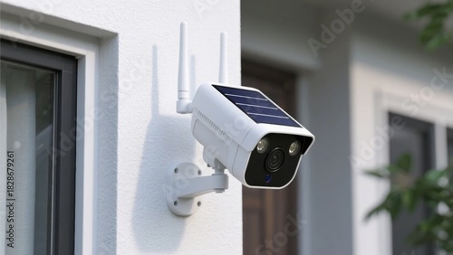 Solar-powered outdoor security camera mounted on a house wall with antennas and solar panel