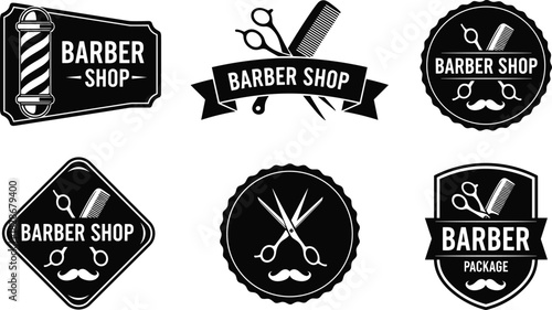 Vintage barber shop logos set, retro monochrome grooming emblems, hair salon badges, scissors comb vector template, cad drawing flat vector illustration