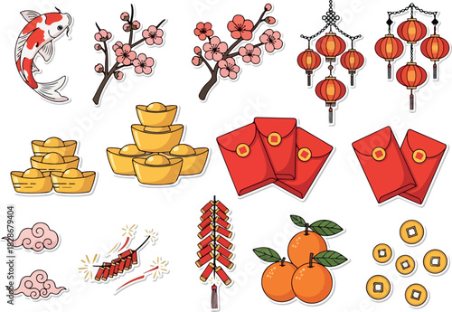 Lunar New Year Celebration Festive Icons of Spring Festival and Good Fortune