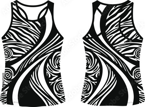 tank, top, tribal, pattern, apparel, sportswear, vector, abstract, fashion, design, clothing, template, sublimation, geometric, isolated, black white, athletic wear, racerback top, active wear, ethnic