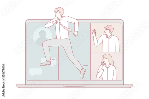 Male employee running away from online business meeting on laptop with colleagues. Man jump into offline work schedule. Remote conference on computer problem. Vector illustration.