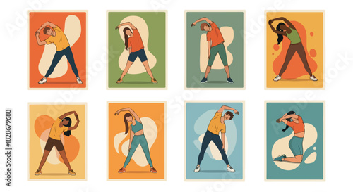 Woman stretching exercises set in colorful backgrounds