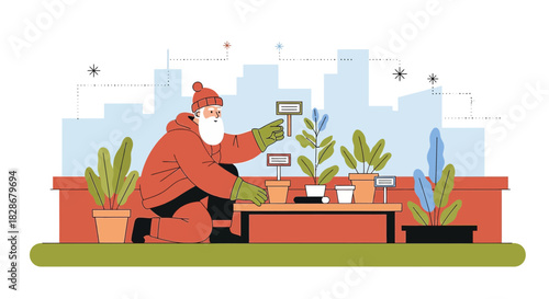 Santa's Urban Garden: A whimsical illustration of Santa Claus tending to his plants in a city