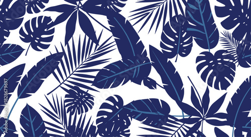 Modern seamless pattern of stylized tropical monstera and palm leaves in a bold dark blue color palette on a white background.