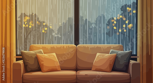 Serene indoor scene featuring a cozy sofa and a rainy day view outside the window