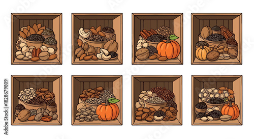 Nuts and seeds in wooden crates for food display