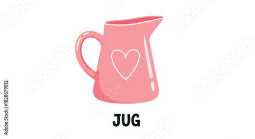 Cute and simple cartoon illustration of a pink jug with a white heart symbol on it for childrens learning flashcards.