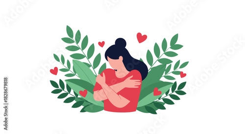 Young woman lovingly hugging herself surrounded by green leaves and red hearts in a beautiful concept of self-care and acceptance.