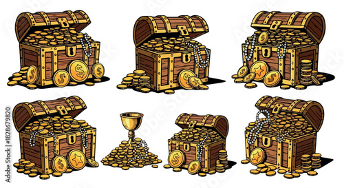Treasure chests overflowing with gold coins and jewelry