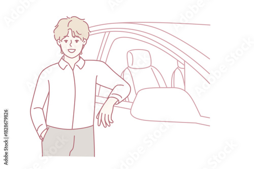 Smiling young man standing near new car in salon. Happy confident male buying automobile proud of purchase. Vector illustration.