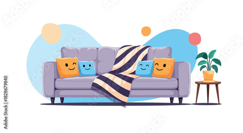 Cozy living room interior with a comfortable grey sofa cute smiling pillows a warm blanket and a small plant on a side table.