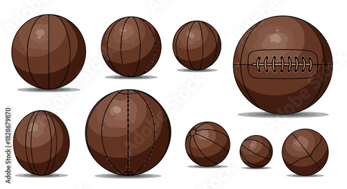 Brown leather balls collection with transparent background