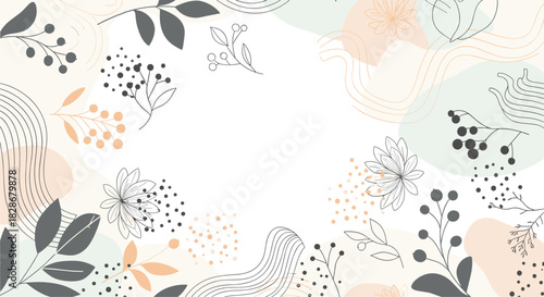 Modern abstract background with organic shapes line art botanicals and dots in soft pastel colors creating a stylish gentle frame.