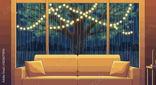 Serene rainy evening scene with cozy couch and illuminated tree view through a window