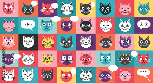 Colorful mosaic pattern of various cartoon cat faces showing a wide range of emotions and expressions with speech bubbles.