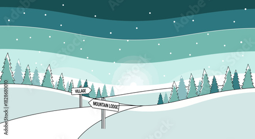 Serene winter landscape with snowy hills, pines, and directional signage amid snowfall