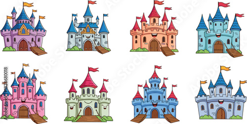 Cartoon castles vector illustration, fantasy architecture design, colorful towers and flags, magical theme, kids content, whimsical clipart, playful buildings, enchanted style