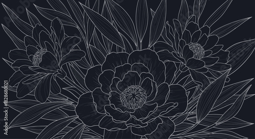 Luxurious and elegant floral illustration of peony and chrysanthemum flowers in a white line art style on a dark black background.