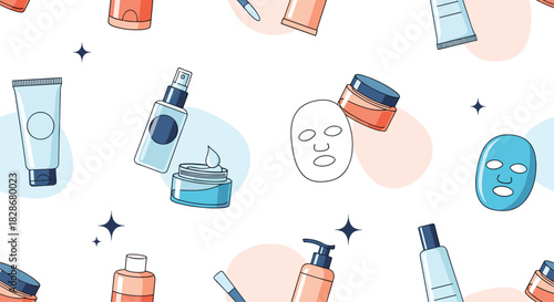 Seamless pattern of various skincare and cosmetic products including cream jars tubes and face masks for a beauty themed background.