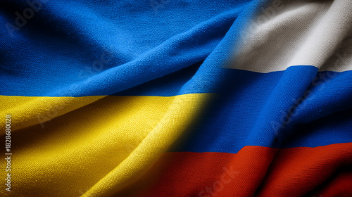ukrainian flag and russian flag waving together. ukraine and russia relations