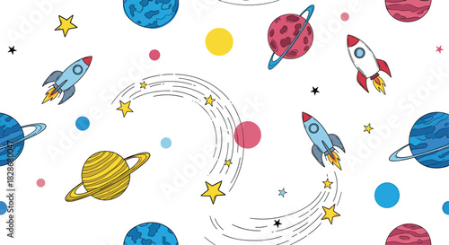 Fun seamless space pattern for children with colorful cartoon rockets planets and stars on a clean white background.