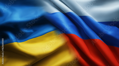ukrainian flag and russian flag waving together. ukraine and russia relations