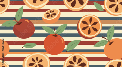 Retro-style seamless fruit pattern with oranges and apples on a colorful striped background for a vintage kitchen or cafe design.