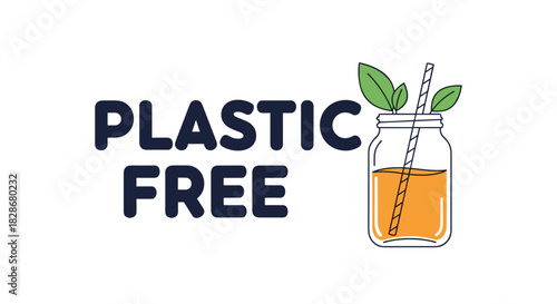 Plastic free concept illustration with a reusable glass jar and straw promoting an eco-friendly and zero waste lifestyle.