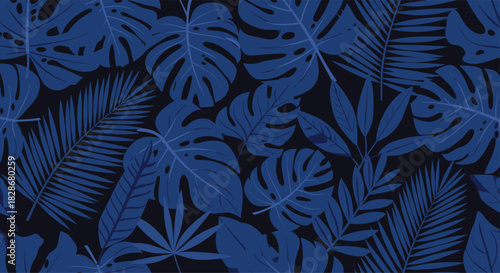 Dark and moody seamless pattern of various tropical leaves including monstera and palm in deep blue tones on a black background.