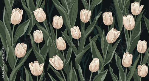 Elegant seamless floral wallpaper pattern of beautiful off-white tulips with lush green leaves on a contrasting dark background.