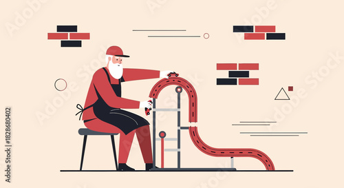 Toymaker creating miniature car track with retro design aesthetic showcasing artisan skill and