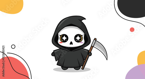 Adorable and cute kawaii grim reaper character with big sparkly eyes holding a scythe in a funny cartoon style illustration.