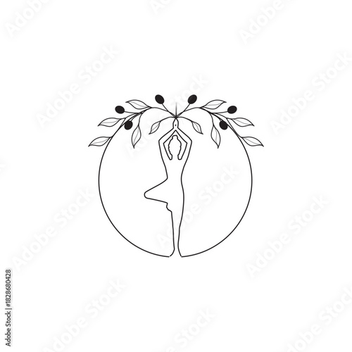 A minimalist silhouette of a woman in a yoga tree pose is encircled by a delicate olive branch, symbolizing balance, peace, and harmony isolated on white background.