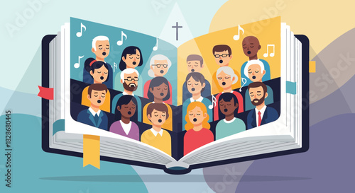 United Voices: A Diverse Choir Singing from an Open Hymnal with faith and devotion