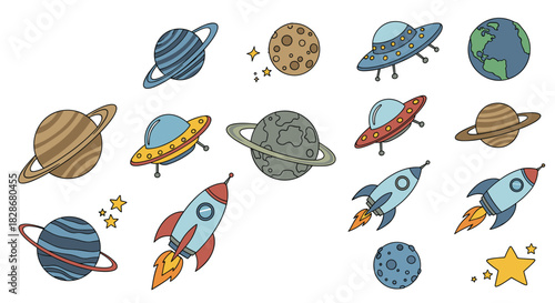Fun collection of cute cartoon space elements including colorful planets rockets flying saucers and stars for childrens designs.
