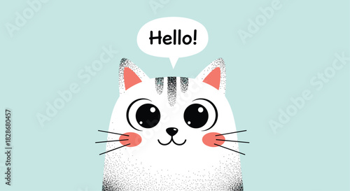 Adorable cute white cat with big eyes and a textured design saying hello in a speech bubble on a pastel blue background.