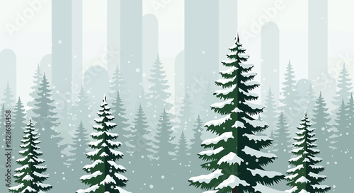 Tranquil winter forest scene featuring snowy evergreen trees and a serene misty atmosphere