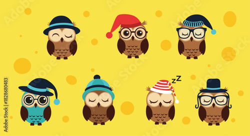 An adorable collection of cute cartoon owls wearing various hats glasses and sleeping caps on a bright yellow background with polka dots.