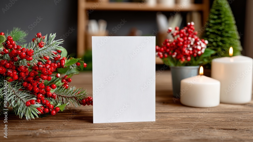 Obraz premium Blank white card mock up with copy space, surrounded by festive red berries, green pine branches, and lit candles on rustic wooden table, creating a warm holiday atmosphere