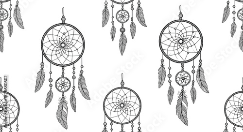A seamless monochrome pattern of intricately detailed dream catchers with feathers and beads isolated on a clean white background.