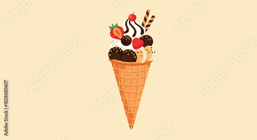 A delicious and colorful ice cream cone topped with whipped cream chocolate sauce strawberries banana slices and wafer sticks illustration.