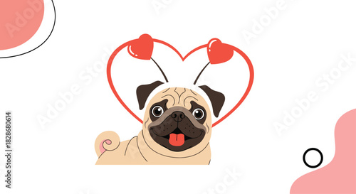 A cute cartoon pug dog wearing a heart-shaped antenna headband with its tongue out on a modern background with abstract shapes.