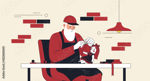 Whimsical illustration of Santa meticulously crafting a charming doll in his workshop