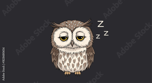 A sleepy and tired cartoon owl with drooping eyelids and Z's floating above its head on a simple dark gray background.