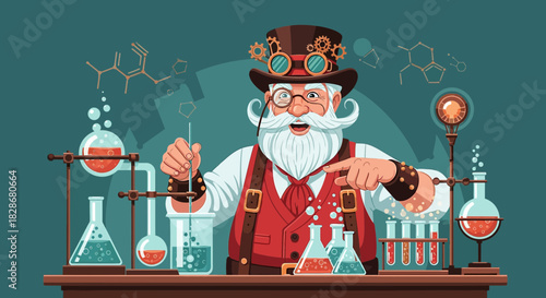 Whimsical Steampunk Santa Conducting Scientific Experiments with Beakers and Formulas