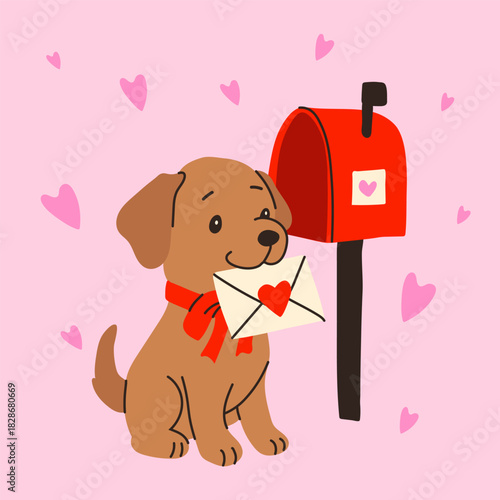 Playful Dog Delivering Love Letter by Red Mailbox