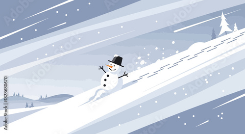 Whimsical winter: a snowman's snowy descent in a serene stylized landscape illustration