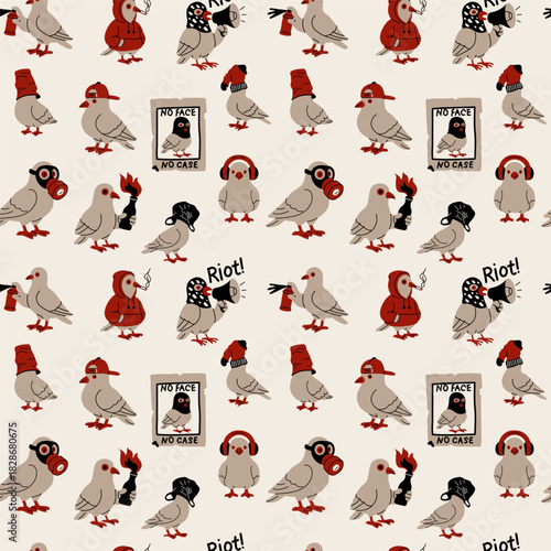 Punk Pigeons Seamless Pattern with Riot and Street Art Themes